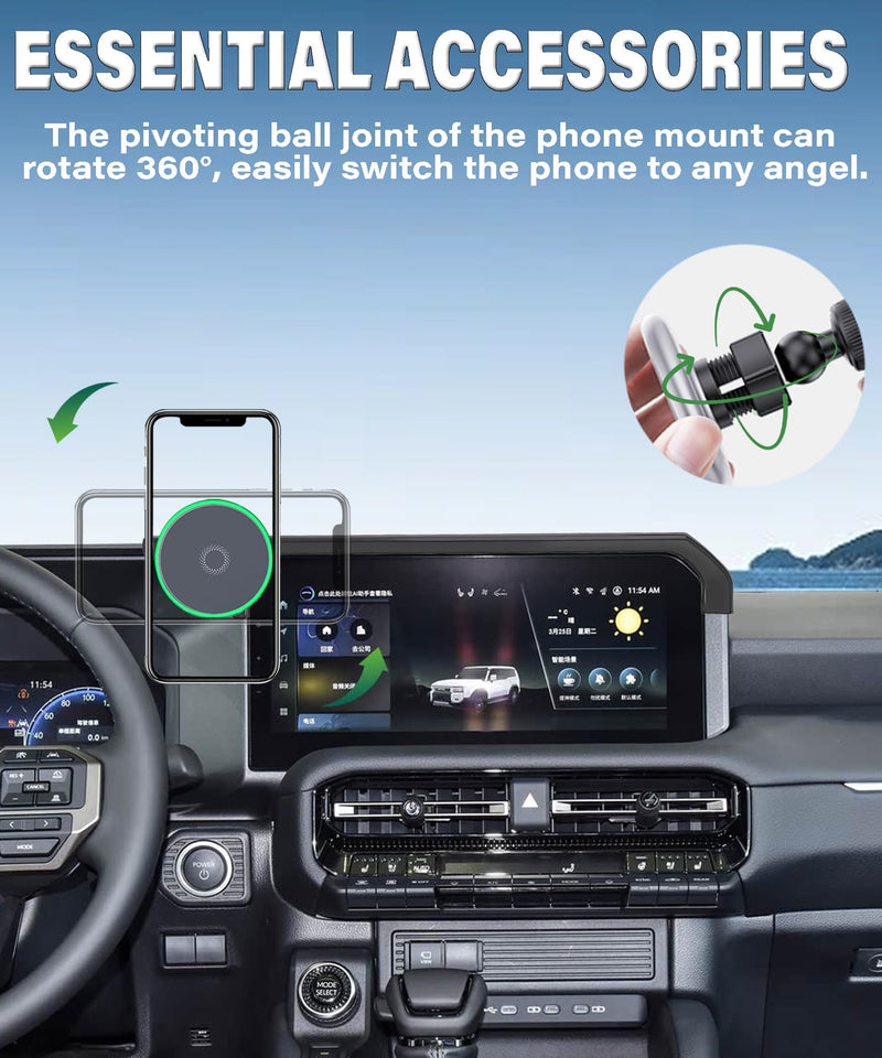 Car Phone Holder for 2024 2025 Toyota Land Cruiser LC250 Accessories Apply to 8/12.3 Inch Touch Screen 15W Fast Wireless Charger Screen Fixed Clip Cell Phone Mount Hands-Free