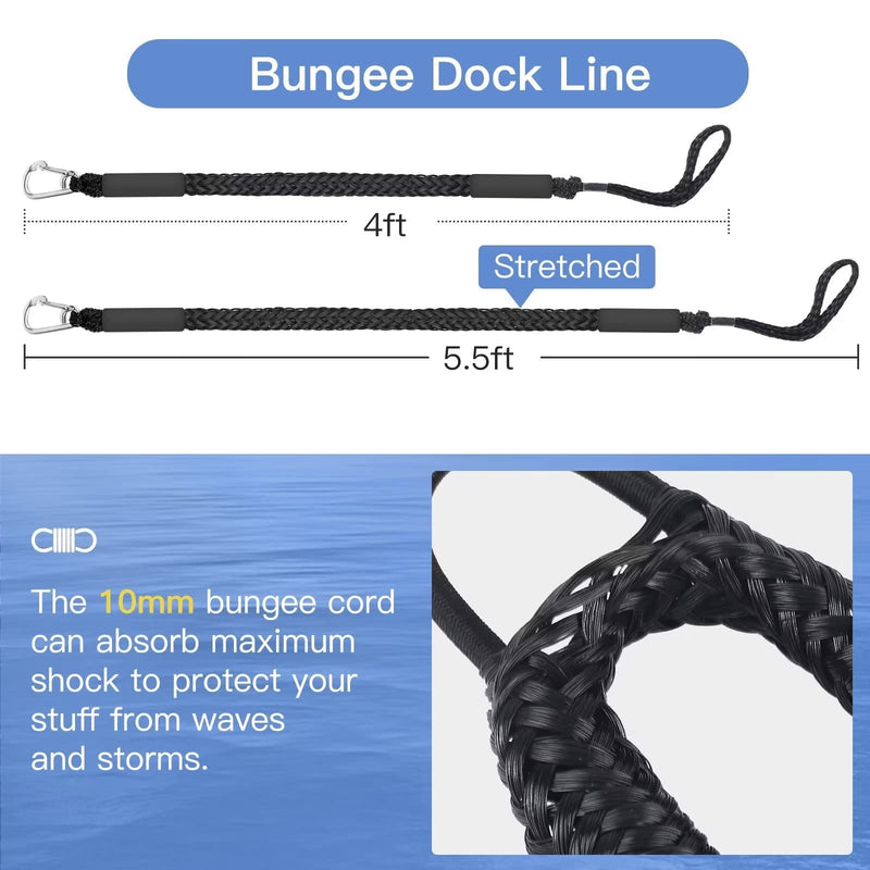 Bungee Dock Lines for Boat,4 PCS Boat Dock Rope with Stainless Steel Clip,Jet Ski Accessories for PWC,Kayak,Power Boat(Black,4-5.5ft) 4 Pack Black