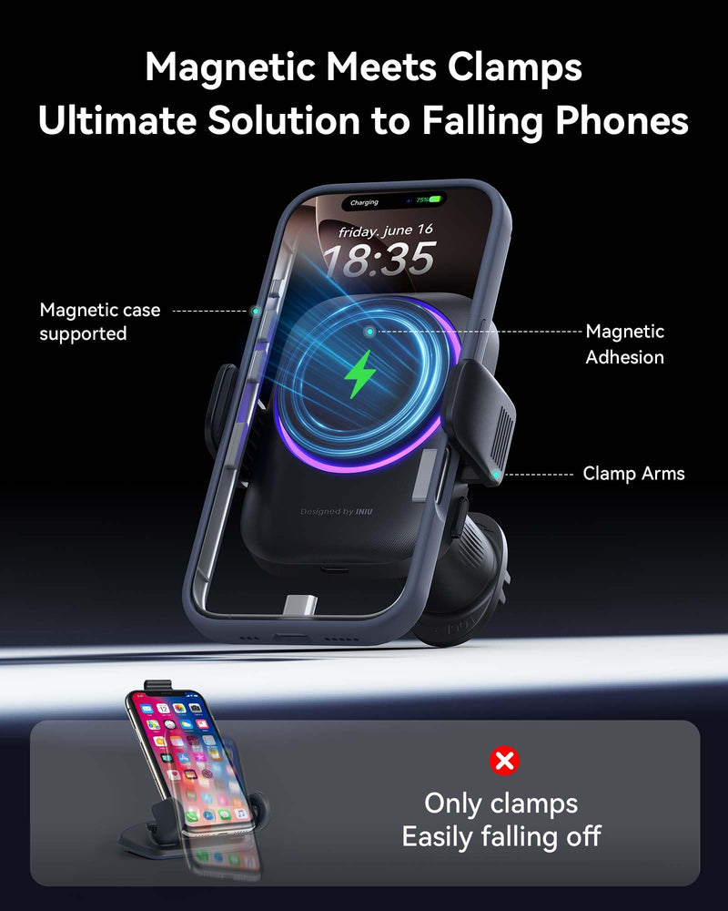 INIU Qi2 Certified 15W Car Phone Holder Wireless Charger, Ultra-Stable 22N for MagSafe Car Mount Charger with Cooling Fins & RGB Lighting for iPhone 16/15/14/13/12 Series, Yellow