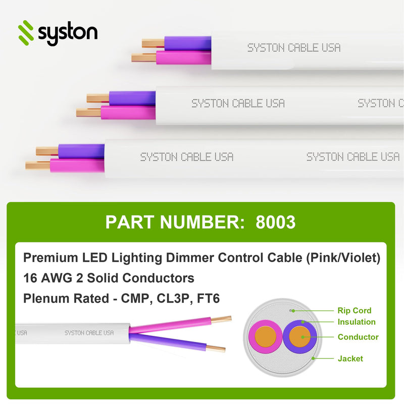 Syston Cable Technology 16/2 LED Lighting Dimmer Dimming Luminaire Control Wire Cable,16 AWG 2 Conductors Solid Bare Copper Unshielded Plenum Rated CMP CL3P FT6, for Ballast Wiring and Connection 100 FT 16/2 White Dimmer