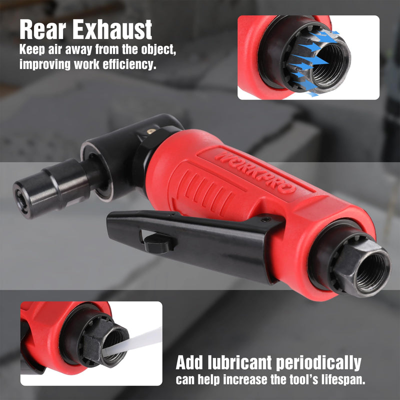 WORKPRO Air Angle Die Grinder, 1/4-Inch Pneumatic Right Angle Die Grinder, 20000RPM, Air-Powered 90 Degree for Grinding, Cutting, Polishing, Welding Repair, Deburring, 1/4" & 1/8" Collets Included 1/4-Inch Right Angle Die Grinder