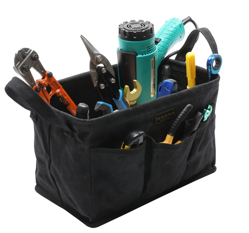 Storage Tool Case, 13.8 x 7.8 x 7.8 Inches, Rectangular Waxed Canvas Fabric Collapsible Tool Bag with Handles for Tools,Wrench Set,Screwdrivers (Black) Black-Single