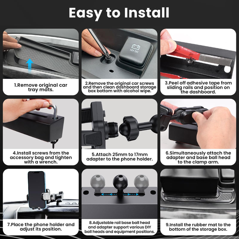 Kaishengyuan Upgraded Metal Phone Mount for Ram Truck 2019+, Dash Mount Cell Phone Holder Compatible with Dodge RAM 1500/2500/3500 & TRX, 360° Adjustable Adapter Phone Stand Fit for Most Smartphones Universal Mount