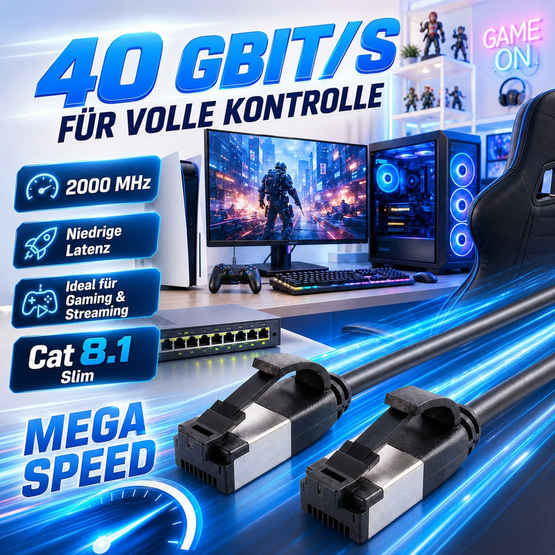 1aTTack.de 5 m Cat 8.1 LAN Cable Network Cable (Pack of 1) Cat 8 Ethernet Cable with RJ45 Connector Slim and Thin with 40 Gbps Transfer Rate Black 5.0 m 1 piece black 1