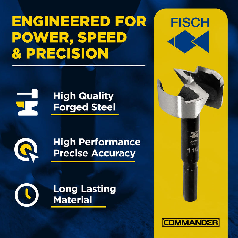 Fisch Black Shark Forged Steel Forstner Drill Bit for Woodworking, Precision Wave Design, Clean Cuts in Hardwoods, MDF, and Plywood, FSA-365839, Made in Austria (1-1/2 inches) 1-1/2"
