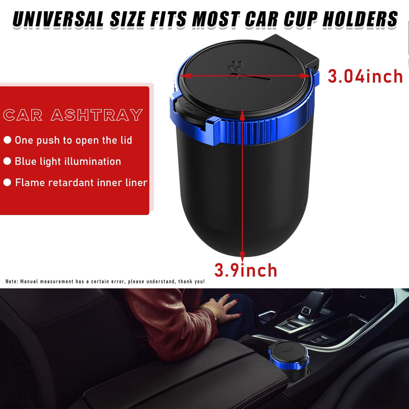 Car Ashtray with Lid, Detachable Stainless Smokeless Auto Ashtray, Portable Mini Vehicle Trash Can with LED Blue Light, Universal Interior Accessories for Cup Holder (Blue, 1 PC)