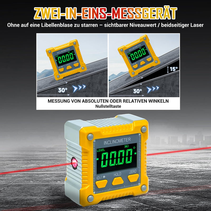Digital Laser Protractor with Inclinometer Laser Level | 4-Sided Magnetic Adhesion, Dustproof, High Precision & Robust - for Construction, Crafts & Industry - Yellow
