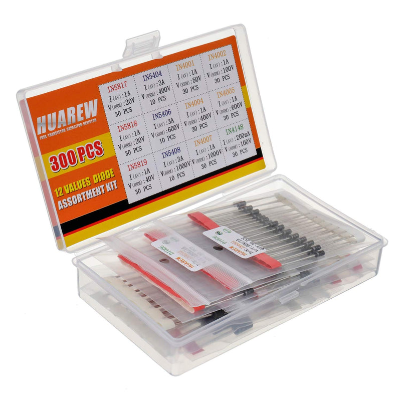 HUAREW 12 values 300 pieces rectifier diode 1N4001 1N4002 1N4004 1N4005 1N4007 1N5404 1N5406 1N5408 Schottky diode 1N5817 1N5818 1N5819 switching diode 1N4148 classification kit