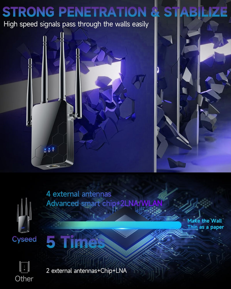 2025 WiFi Extender Internet Booster, 10000 Sq.ft Long Range Repeater Wireless Routers Amplifier, Mesh Wi-Fi 80% Faster | Broader Than Ever, Support More Network Devices at Home, 1-Tap Setup black