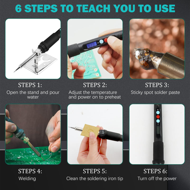 Electric soldering iron set, 60W LCD adjustable temperature soldering iron with on/off switch, 50g soldering wire, 5 soldering tips, soldering iron stand, soldering set for electrical work, welding repair