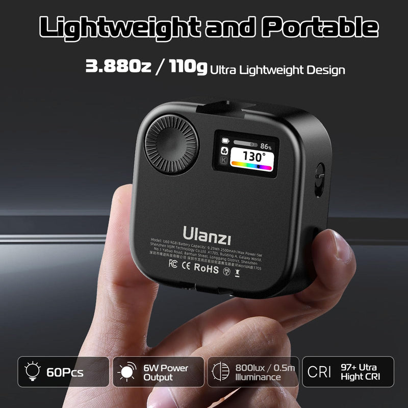 Ulanzi U60 RGB Video Light, Portable LED Camera Light with 360° Color CRI≥95 2500-9000K Dimmable Panel Lamp,2500mAh LED Panel Photography Lighting w Quick Release Cold Shoe Adapter and Clip-Black Black