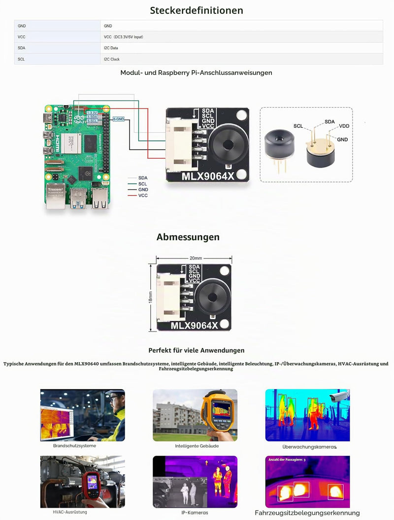 Thermal Camera MLX90640-D110 IR Array Thermal Imaging Camera, I2C Interface, 32 x 24 Pixels, Infrared Array, 110 Degree Field of View Thermal Imaging Camera MLX90640-D110