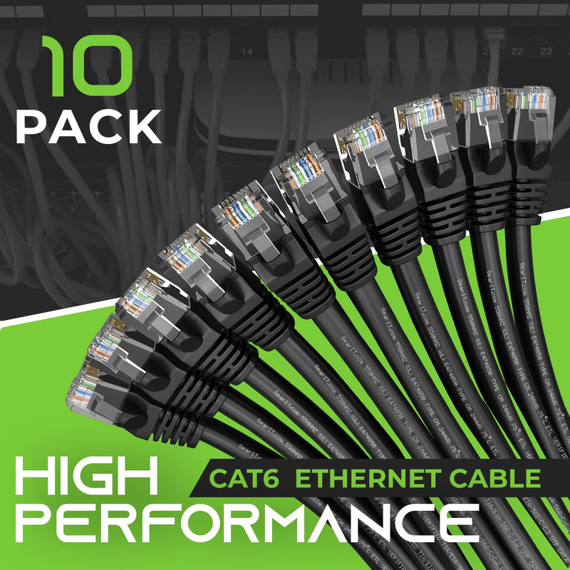 GearIT 6 ft Cat6 Ethernet Patch Cable (10-Pack) - Compatible With Computers and Networks, Black 6 Feet