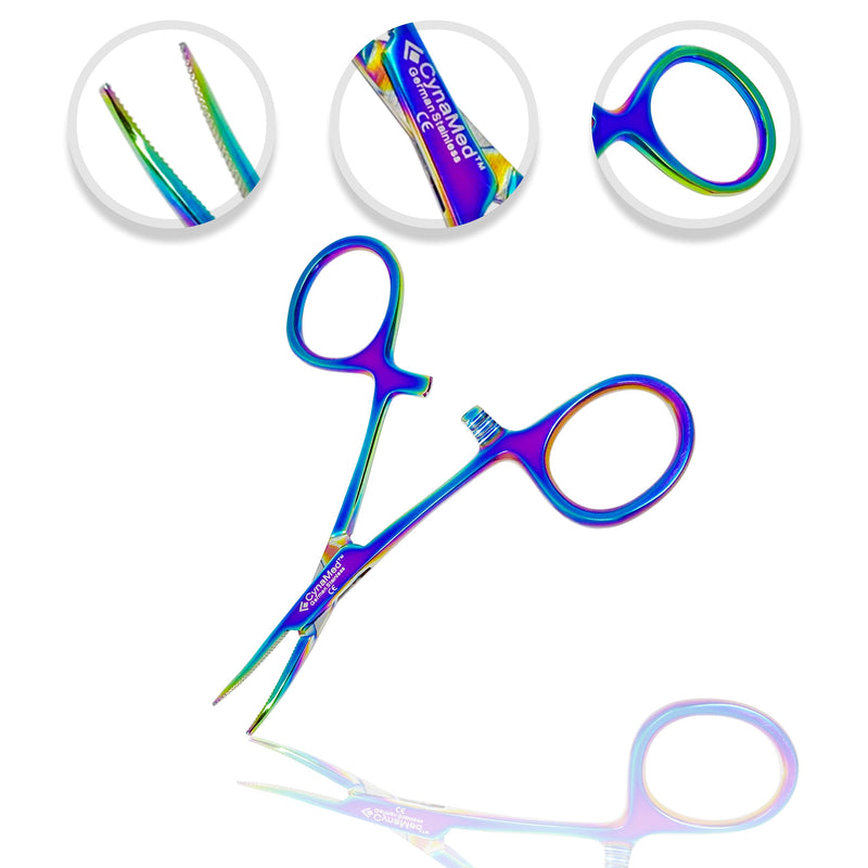 Cynamed Mosquito Hemostatic Forceps with Multicolor/Rainbow Titanium Coating - Premium Quality - Hemostat Clamping Pliers with Serrated Jaws - 3.5 in. (Curved) Curved
