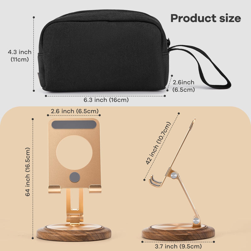 dual folding desk Phone Stand,adjustable foldable Cell Phone Holder,Cell Phone Mounts,All phones,electronics organizer travel case.Electronic accessories organizer carry case(Black+Gold)