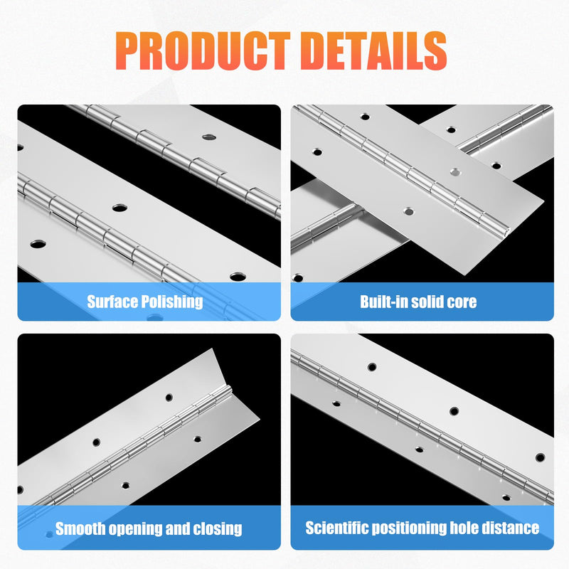 Heavy Duty Piano Hinge 20Inch x 2-1/2Inch, 2PCS 0.06" Thickness Stainless Steel Continuous & Piano Hinges for Wood Furniture Mailbox Tool Storage Boxes Cabinets Door Hinges-Silver Silver