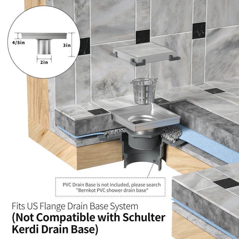 Square Shower Drain 6", Brushed Floor Drain with Tiled Insert Grate & Hair Strainer, 304 Stainless Steel Bathroom 2-in-1 Tiled in Drain, CUPC Certified (Brushed, 6'') 6''