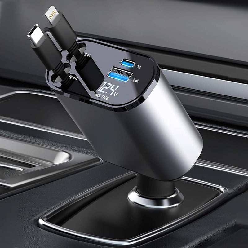 Retractable Car Charger, 4 in 1 Fast Charge Car Phone Charger Adapter 100W, Retractable Cables(2.6ft) for iPhone & Type-C, Cigarette Lighter Adapter for iPhone15/14/13 Pro Max, Galaxy, Pixel