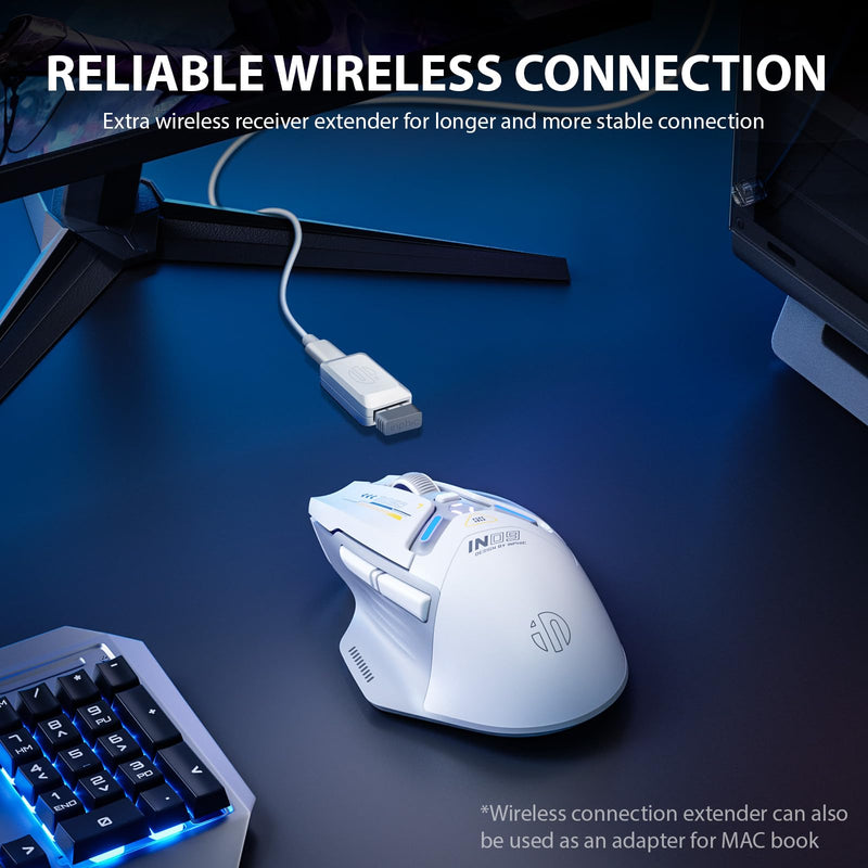 INPHIC IN9 Wireless Gaming Mouse, True Tri-Mode Bluetooth/Type-CWired/2.4G Wireless Mouse, 10000 DPl, Fully Programmable, RGB Backlit, Rechargeable Wireless Computer Mouse for Laptop PC Mac-White-Gray Gray