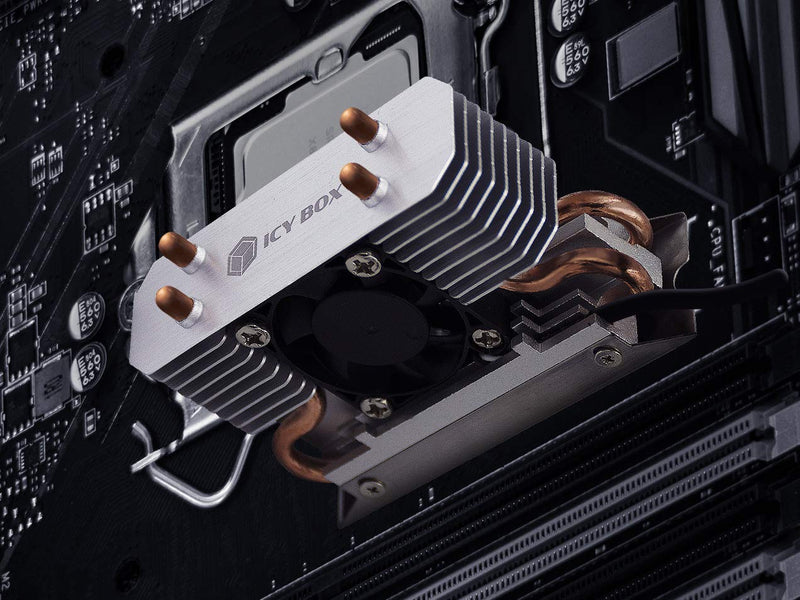 ICY BOX M.2 cooler with fan and heat pipe heatsink for M.2 NVMe & SATA SSD up to 2280, 30 mm fan active, thermal pad included With fan (tower)