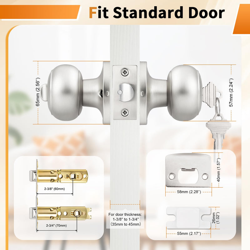 Probrico Keyed Alike Door Knobs with Lock and Key, Exterior Door Locks, Flat Ball Knob Style, Brushed Nickel, 2 Pack