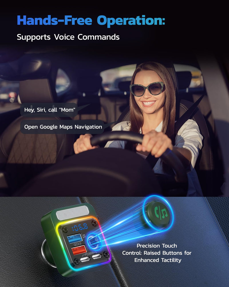 Nulaxy 54W Bluetooth 5.3 Car Adapter with 4 Charging Ports [PD 36W & QC3.0 18W], Wireless Radio FM Transmitter with Deep Bass Player & 5 Colors LED Backlit, Hands-Free Calling - NX16 Green C-Green
