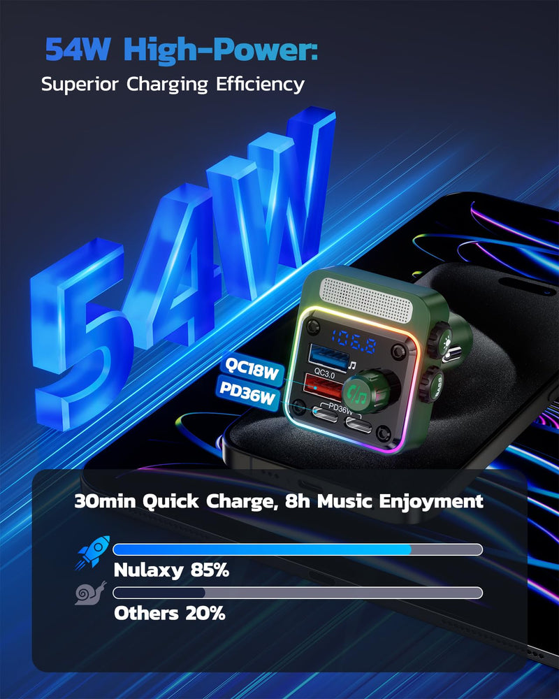 Nulaxy 54W Bluetooth 5.3 Car Adapter with 4 Charging Ports [PD 36W & QC3.0 18W], Wireless Radio FM Transmitter with Deep Bass Player & 5 Colors LED Backlit, Hands-Free Calling - NX16 Green C-Green