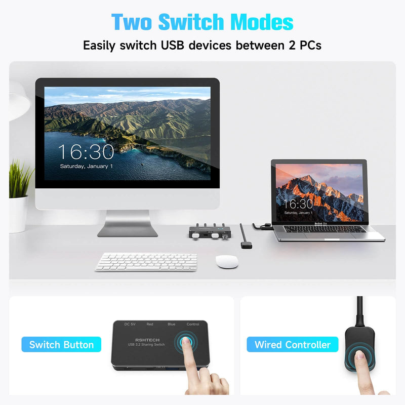 RSHTECH USB 3.2/USB C Switch 10Gbps 2 Computers Share 4 USB 3.2 Ports(2 USB-A+2 USB-C), USB Switcher Selector with 2 Cables and Controller for PC Laptop Keyboard Mouse USB 3.2 Switch