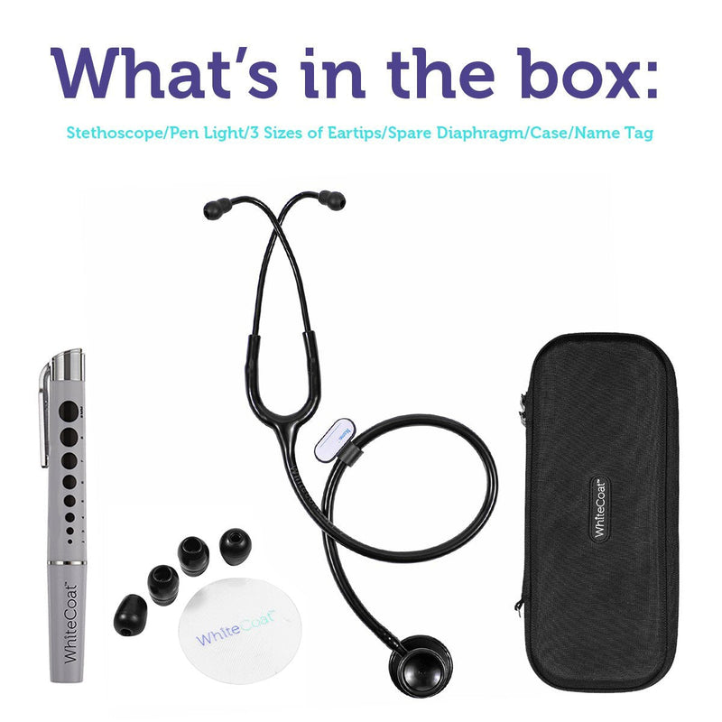 White Coat Dual Head Stethoscope, Lightweight and Acoustical with Protective Case – Jet Black Plus LED Pen Light Pupil Gauge
