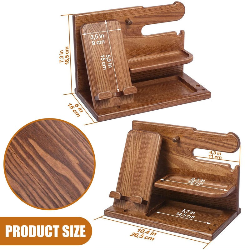 Wood Phone Docking Station for Men, Simple and Elegant Nightstand Organizer, Multifunctional Desk Organizers and Accessories, Watch Organizer and Headphone Holder, Birthday Gifts for Men