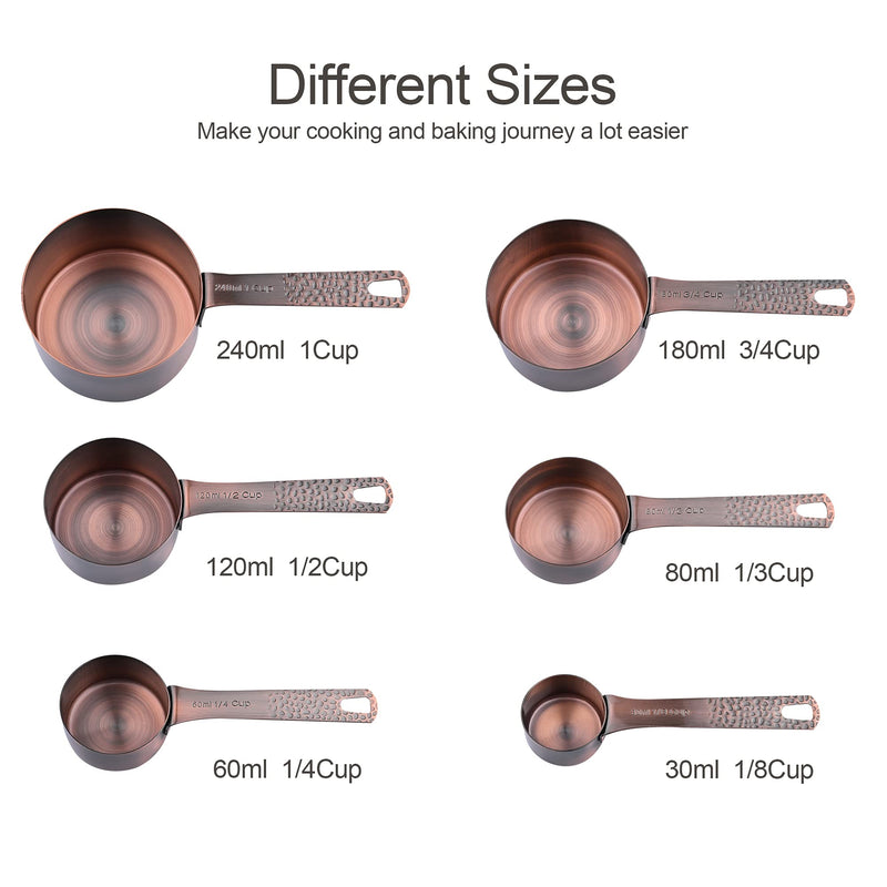 Smithcraft Copper Measuring Cups and Spoons Set, Stainless Steel Copper Plated 6 Metric & US Measuring Cups & 7 Spoons with Leveler for Baking & Kitchen A: Copper-cups+spoons