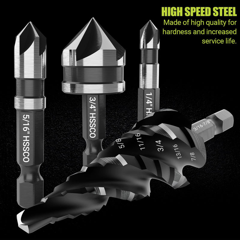 5 Pcs Four Spiral Flute Step Drill Bit Set, 6 Pcs Countersink Drill Bits with 1/4 Inch Quick Change Hex Shank, Nitriding HSS Drill Bits for Metal, Aluminum, Wood, Plastic HSS 11 Pieces (5 Step + 6 Countersink)