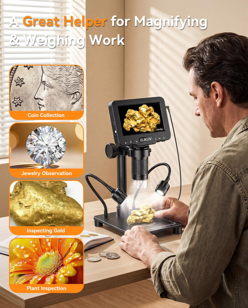 Elikliv Microscope with Weighing Scale, Digital Magnifier for Error Coins, Jewelry Magnifying Glass with Lights, 4.3" LCD Screen 12MP Camera 1080P Video USB PC View for Adults Collectors Supplies Black