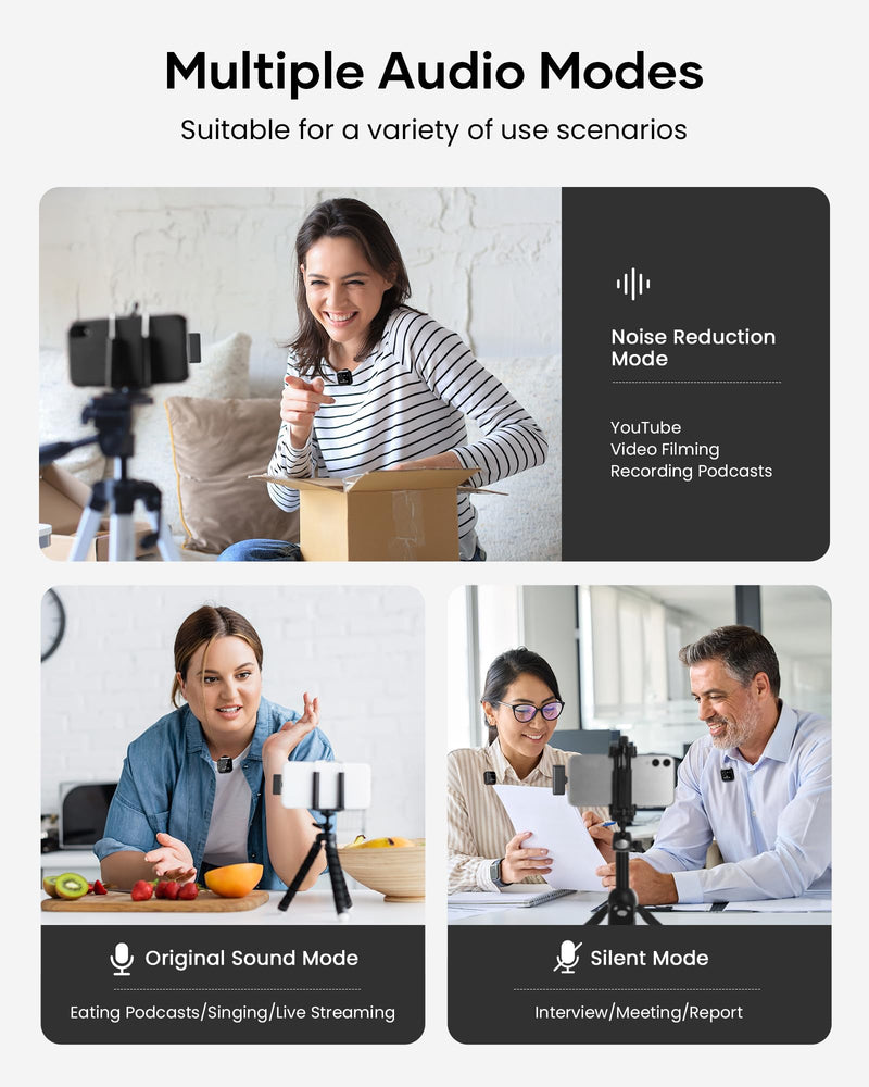 Wireless Lavalier Microphone for iPhone iPad Android With Charging Case 80h Battery Life, Noise Cancellation, 164ft Range Plug-Play Clip On Lapel Mic for Youtube, Video Recording, Vlog, Live Streaming Mic 2 (2 TX + 1 RX + Charging Case)