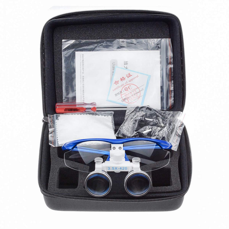 Surgical Binocular, Anti-Fog Magnifying Glass, 3.5 x 420 mm Working Distance, Optical Glass, Blue