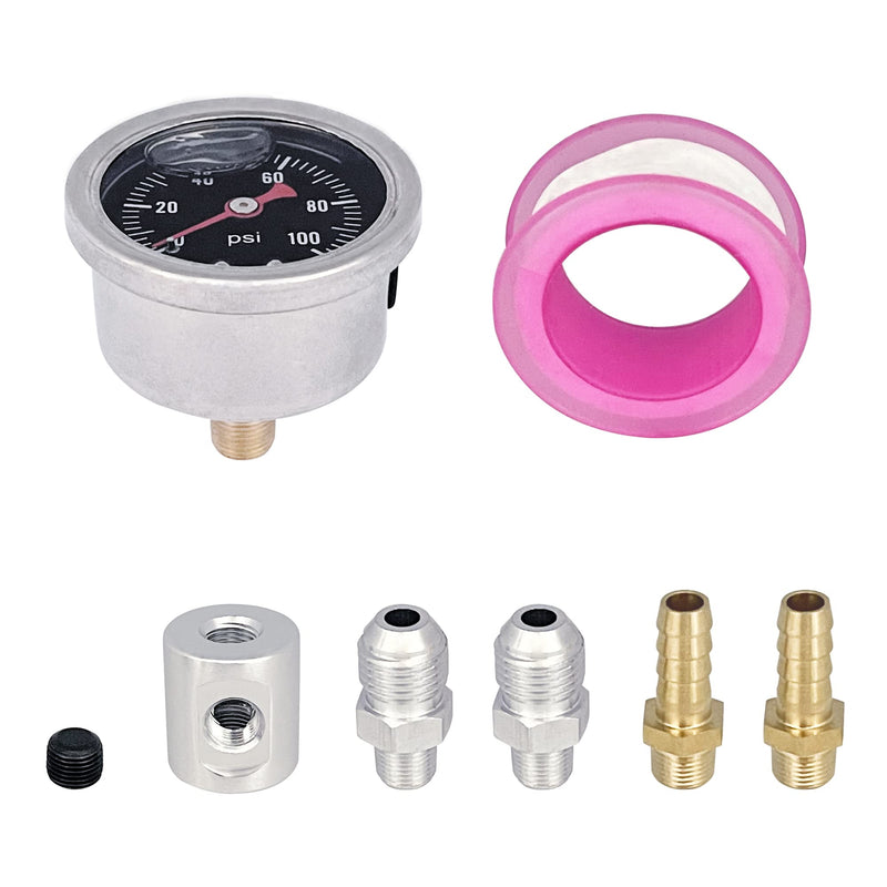 1/8" NPT Back Mount, Fuel Pressure Gauge Glycerin Filled,1-1/2" Dial Size, 0-100 Psi,with 6AN to 1/8 NPT Fitting Adaptor Kit, Universal, Polished Case,Liquid Filled