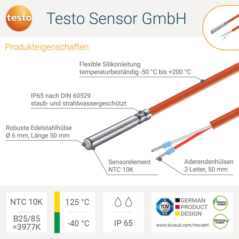 Testo Sensor NTC 10K Cable Sensor 3 m Silicone IP65 +125 °C Solar Heating 3 Meters