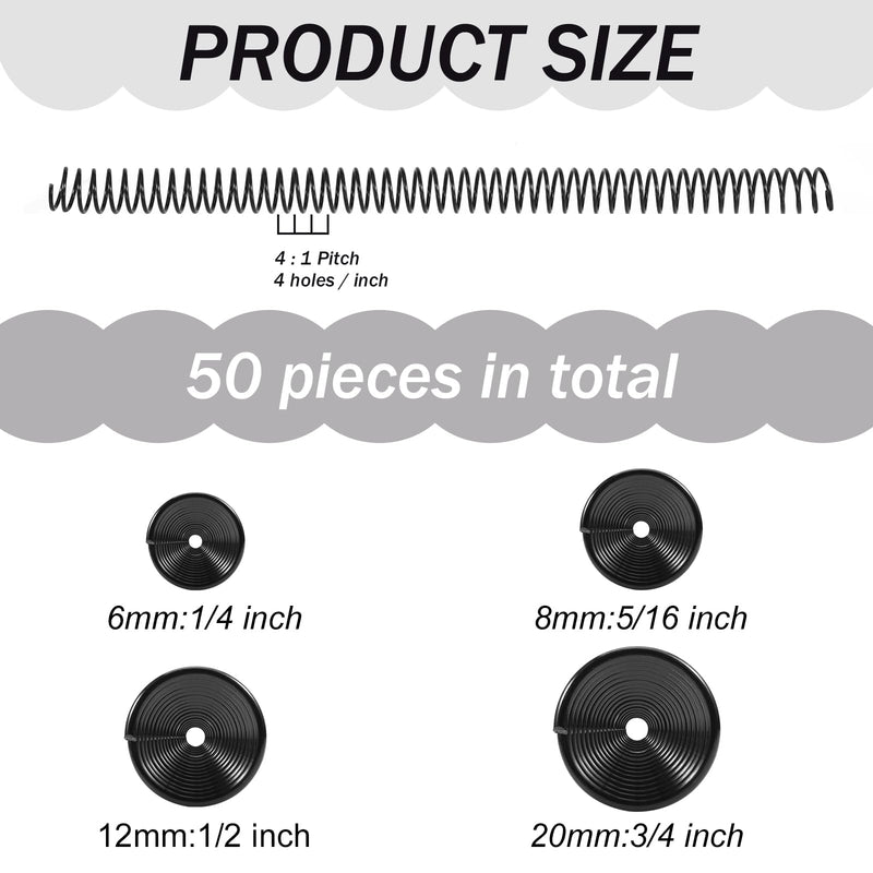 50 Pack Plastic Spiral Binding Coils 4:1 Pitch Spiral Binding Coils Binding Kit Multi Size Black Spiral Binding 1/4 5/16 1/2 3/4 Inch 50 Pack