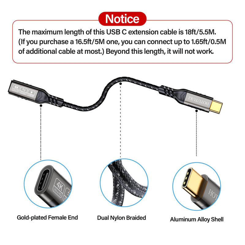 USB-C Extension Cable 16.5ft/5M, Male to Female Extender, Braided Data Cord, 100W PD Fast Charging, 20 Gbps 16.5 ft