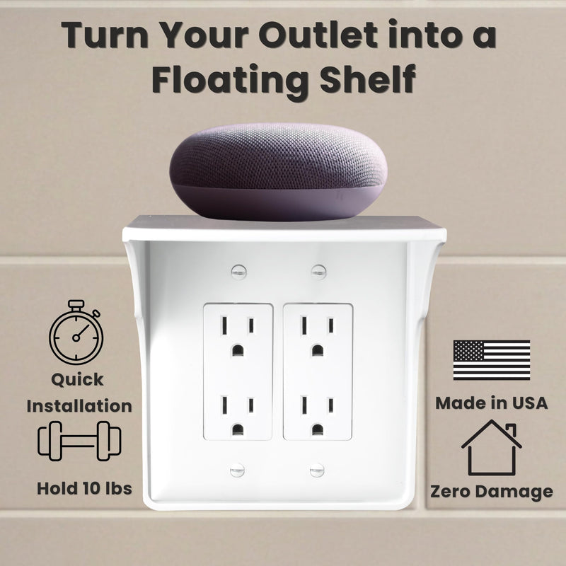 Power Perch Double Outlet Shelf Organizer for Alexa Echo Dot, HomePod Mini, Phone - Wall Outlet Holder with Cord Storage Strap - Socket Shelf Bathroom Kitchen Counter Charging Station - White 2 Pack Double Outlet 2 Pack