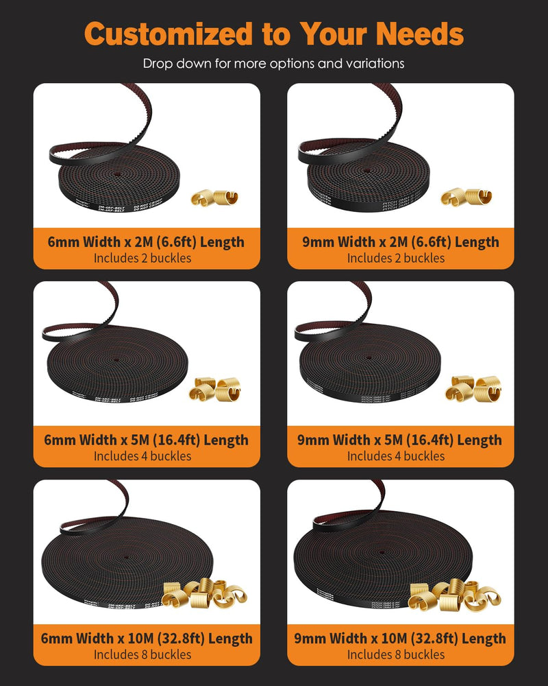 HANGLIFE GT2 Timing Belt with Copper Buckle - 3D Printer Open Synchronous Belt (2mm Pitch) 3D Printer Accessories - 9mm x 10M (32.8ft)