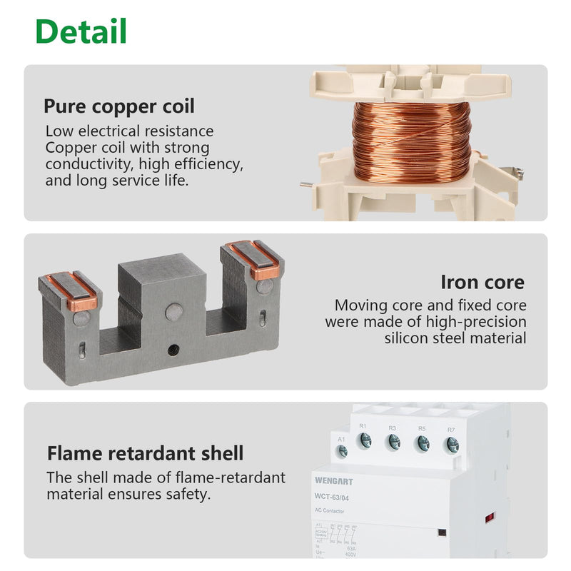 Wengart AC-Schütz WCT-63,4 Normally Closed AC230V 63A, Suitable for Household Appliances and Engine Loads, White | Fireproof ABS For smart home control cabinets. 4NC installation contactor with 2.1W standby. 230 V, 63 A, 54 mm width, DIN35