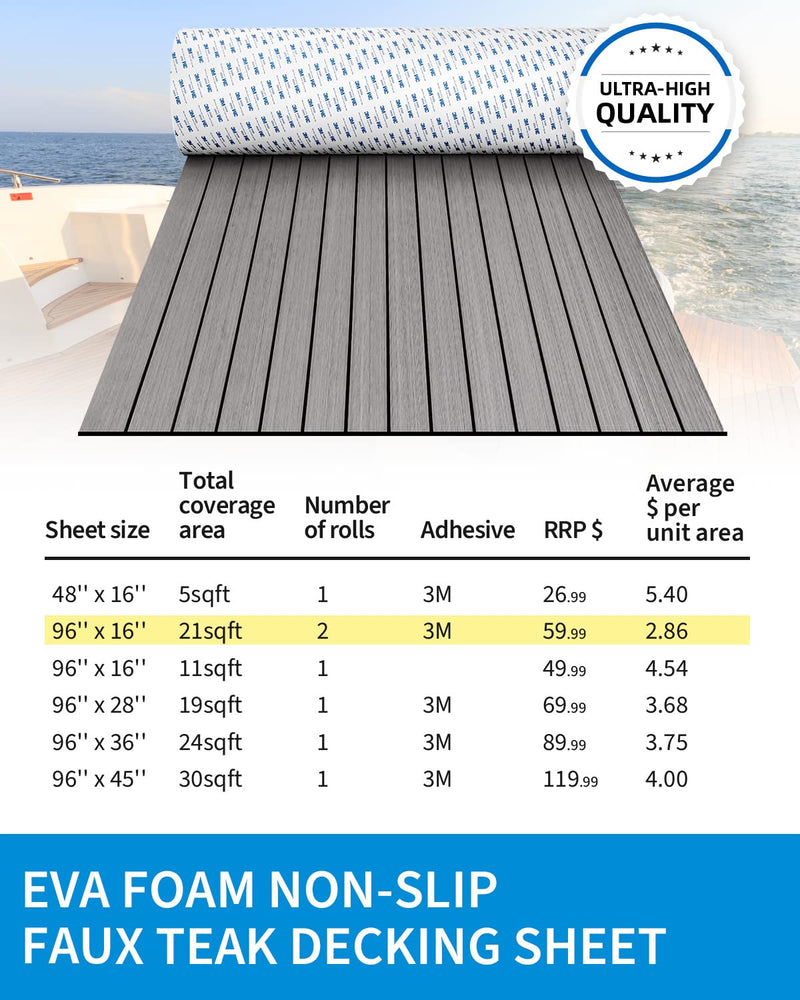OCEANBROAD EVA Foam Boat Flooring with 3M Adhesive Backing Marine Self-Adhesive Decking 96''x45.6''/36''/28.8''/16.8'', 48''x16.8'' Faux Teak Sheet for Jon Boats Swim Platform Helm Pad RV Floor | Double-layer, Non-Slip, 6 mm Thick Eva Foam, Multiple Si...