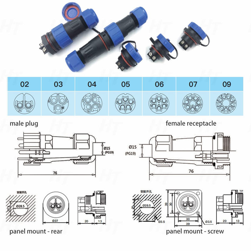 HangTon TY28 6 Pin 25A Screw Crimp Waterproof Connector Plug Socket Bulkhead Head Quick Disconnect for Outdoor Electrical Power Devices Screw Mount