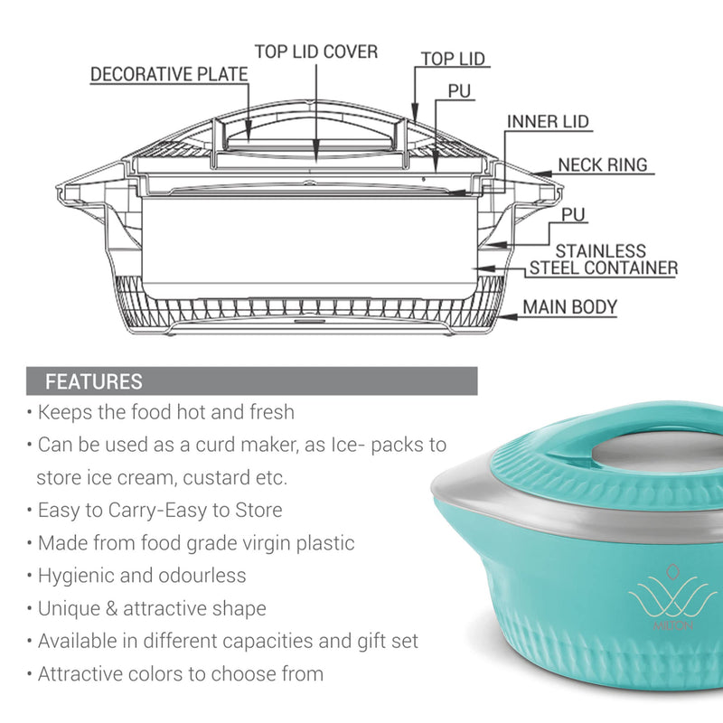 MILTON Royal 1500 Serving Casserole Double Walled Inner Stainless Steel, PU Insulated Kitchen Hot Pot, Keeps Food hot & Fresh for Roti, Biryani, 1270 ml Blue