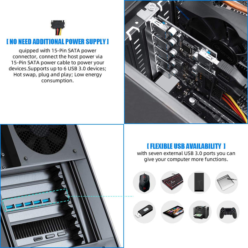 7 Ports PCI-E to USB 3.0 Expasion Card with 19-Pin SATA Power Connector Superspeed up to 5Gbps,and The Front Panel Bay and 1 Power Supply Cables,for Window 7/8/10/XP/Vista… Black-7USB Port Card