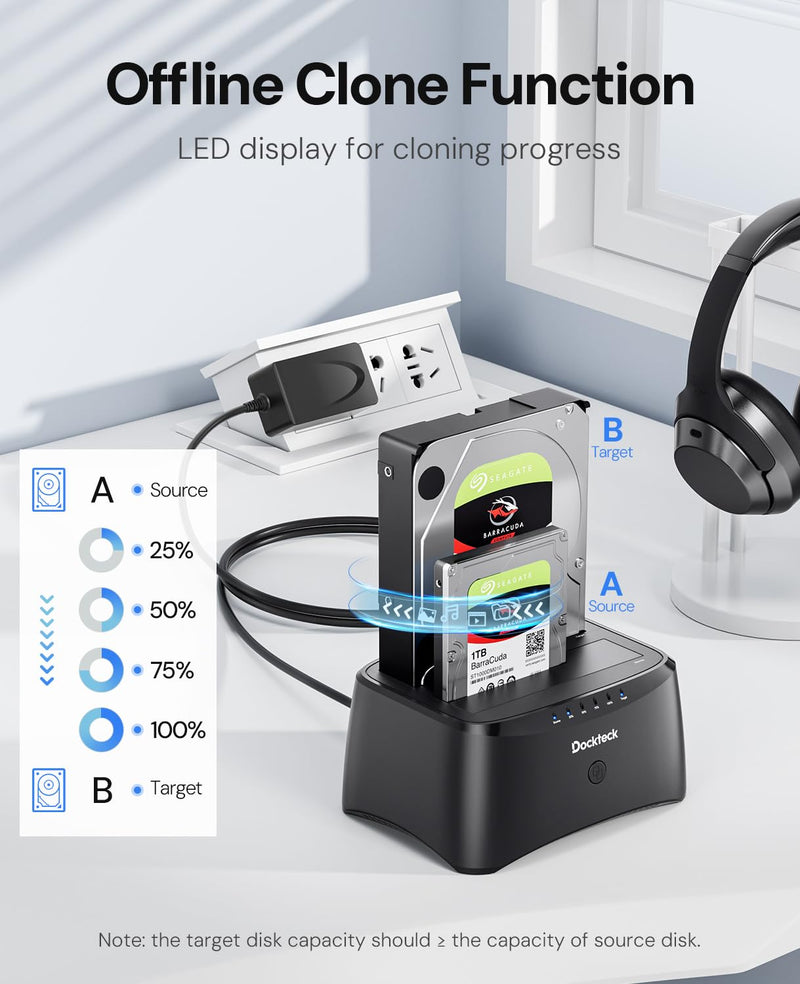 Hard Drive Docking Station, dockteck USB 3.0 to SATA Dual Bay External Hard Drive Enclosure for 3.5 or 2.5 inch SATA HDD SSD with Offline Clone