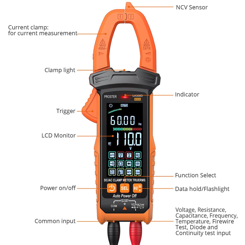 Proster Digital Clamp Meter - 600A DC AC Current 600V AC DC Voltage NCV Continuity Capacitance Resistance Frequency Diode Hz Test