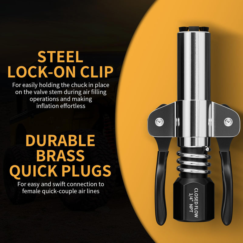 Locking Air Chuck, Heavy Duty Closed Flow with Six Steel Jaws, Locks onto Any Tire Valve, No Leaks or Pop-Offs, Rated to 150 PSI - Closed Flow