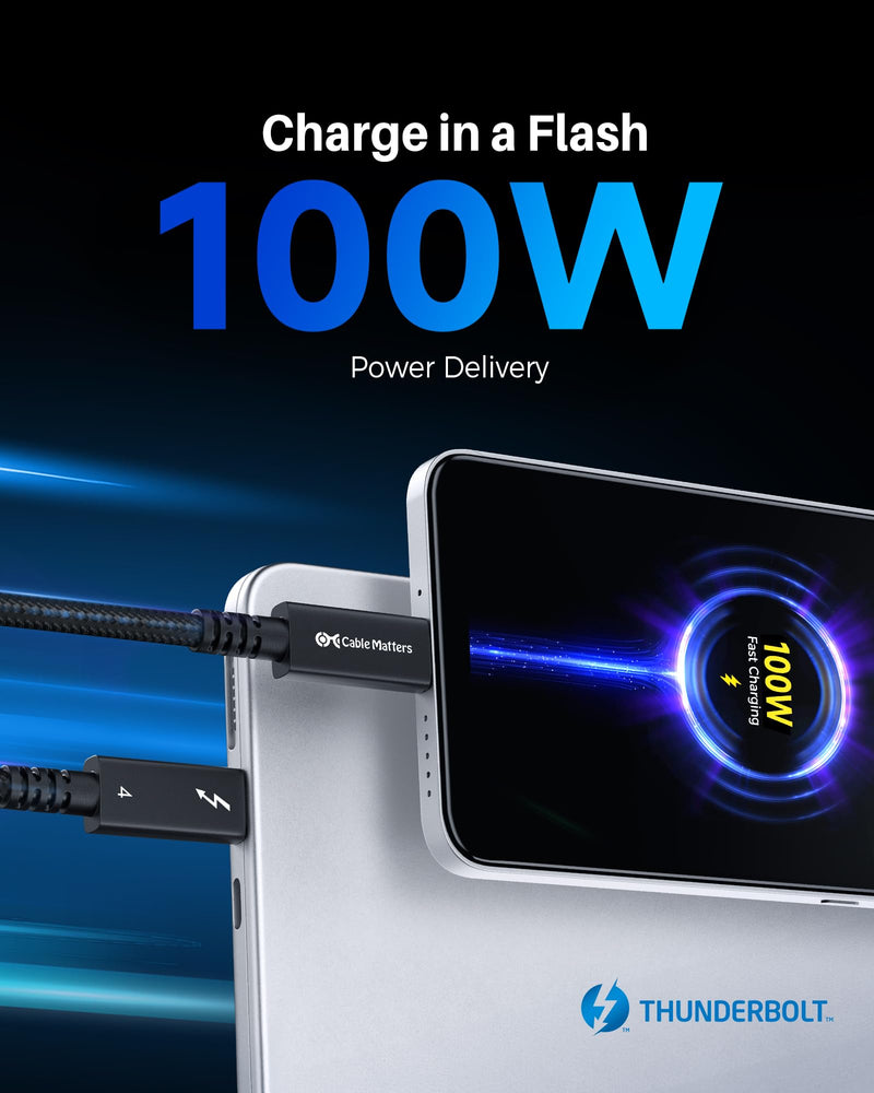 Cable Matters [Intel Certified] Braided 40Gbps Active Thunderbolt 4 Cable 6.6 ft with 100W Charging Power Delivery and 8K Video - Fully Compatible with Thunderbolt 3, USB 4 / USB4, and USB C Port Black